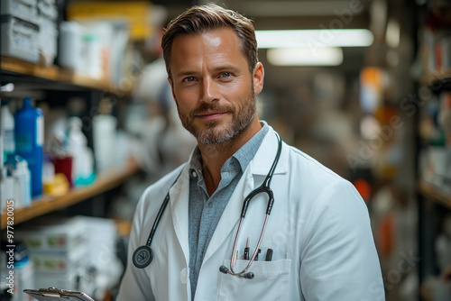 A doctor in a bright medical office holds a clipboard, radiating professionalism.