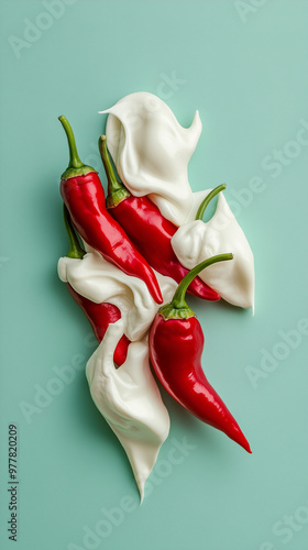 Red peppers intertwined with swirls of white cream on a mint backdrop