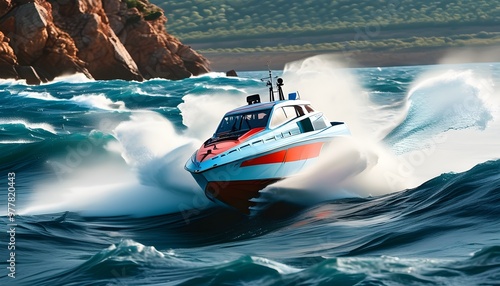 Thrilling High-Speed Boat Racing on a Choppy Sea in an Exciting Maritime Adventure photo