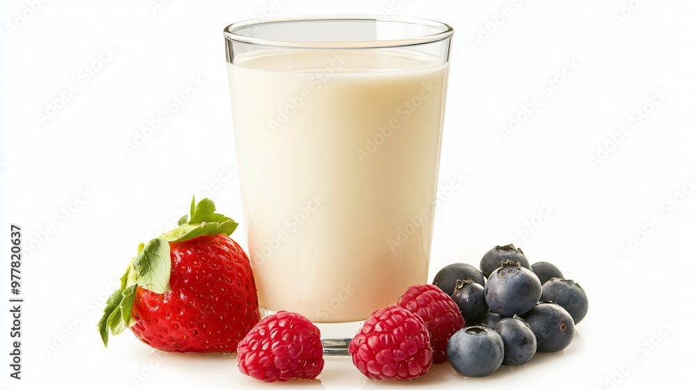 A glass of chilled kefir with a side of fresh fruit, isolated on a sleek white background to emphasize the clean, healthy ingredients A glass of chilled kefir with a side of fresh fruit, isolated on a sleek white background to emphasize the clean, healthy ingredients