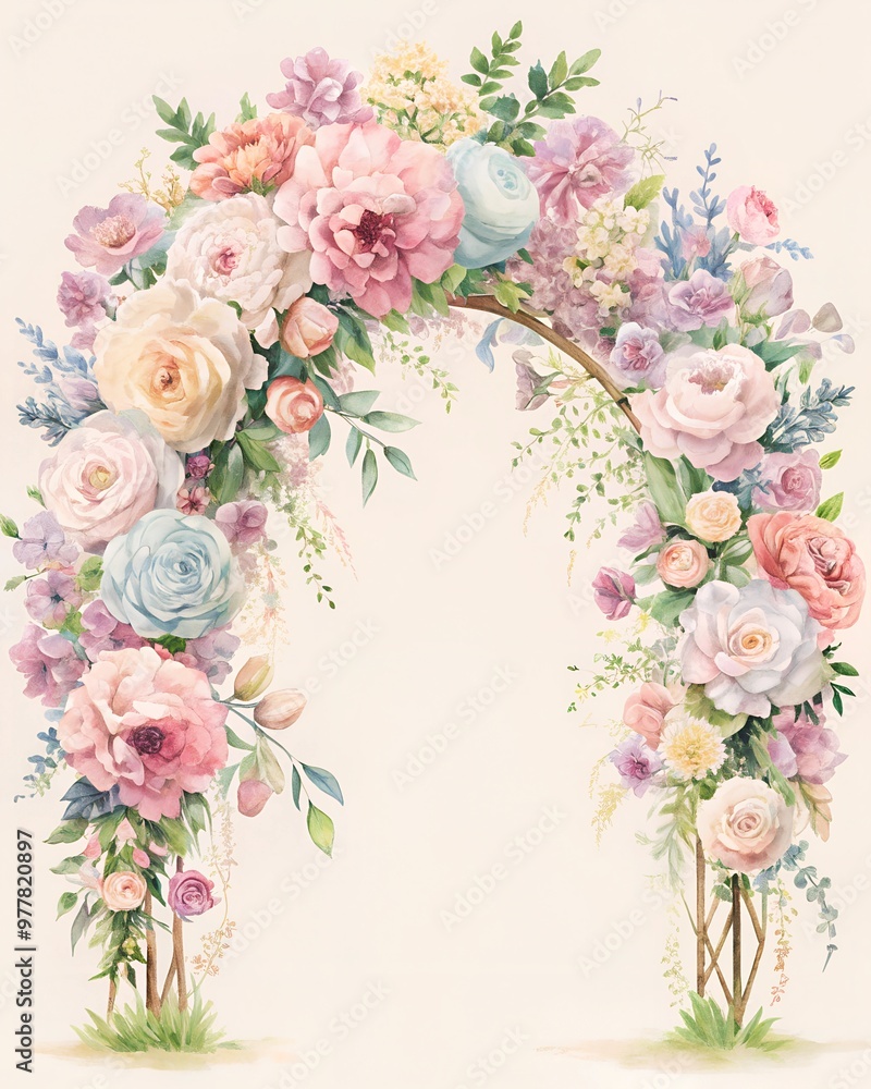 Naklejka premium Floral arch of roses and peonies in pastel colors