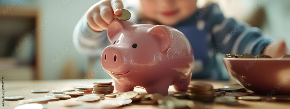 Obraz premium A child putting coins into the piggy bank, representing financial education for children