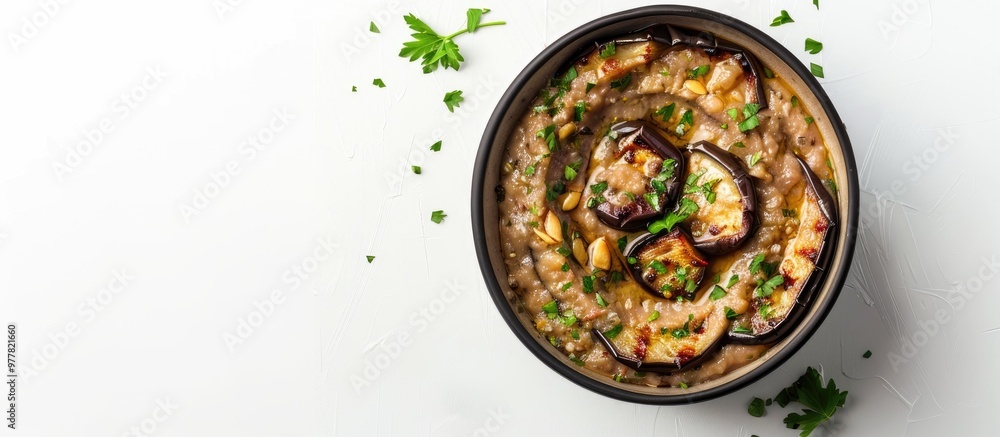 Baba ganoush appetizer prepared with baked eggplant parsley garlic and olive oil set against a white background Top view Copy space Arabic cuisine Baba ganoush appetizer prepared with baked eggplant parsley garlic and olive oil set against a white background Top view Copy space Arabic cuisine