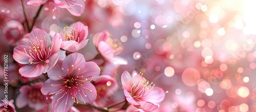 Lovely pink cherry blossoms are in bloom. Copy space image. Place for adding text and design