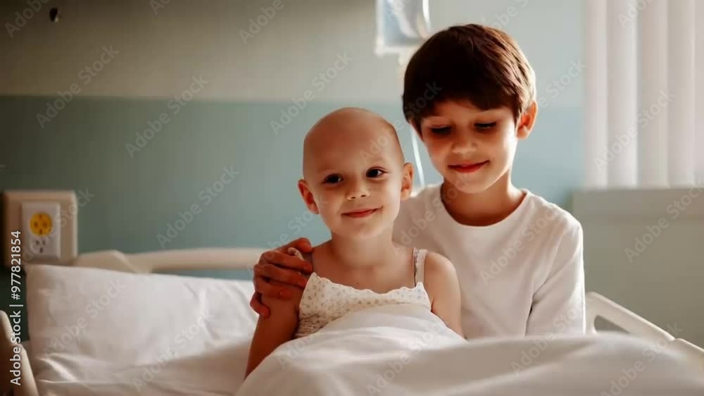 Bald boy smiling in cancer hospital bed,child with cancer, elderly patient, cancer patient, krebs kind, smiling cancer patient Bald boy smiling in cancer hospital bed,child with cancer, elderly patient, cancer patient, krebs kind, smiling cancer patient