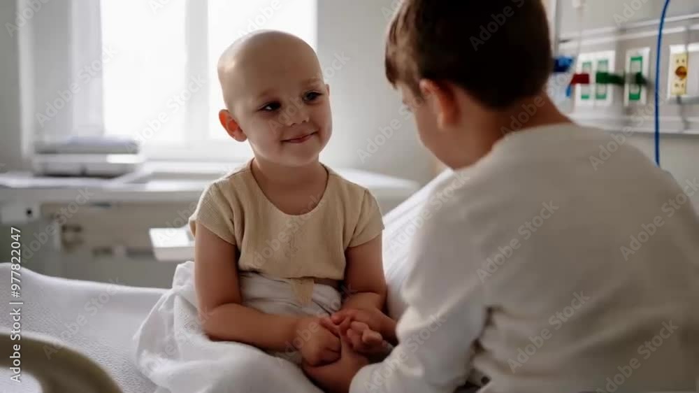 Bald boy smiling in cancer hospital bed,child with cancer, elderly patient, cancer patient, krebs kind, smiling cancer patient Bald boy smiling in cancer hospital bed,child with cancer, elderly patient, cancer patient, krebs kind, smiling cancer patient