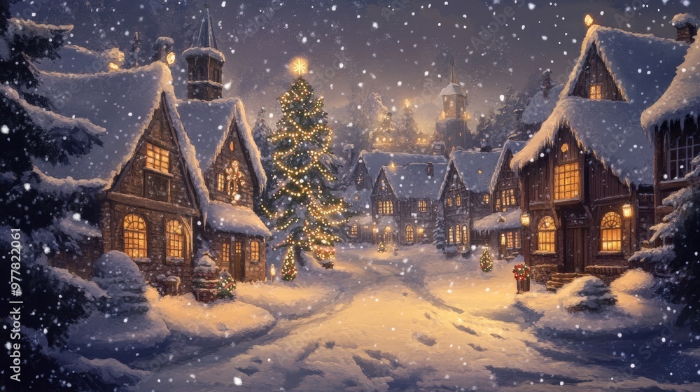 Snowy Christmas village with lit windows and tree. Snowy Christmas village with lit windows and tree.