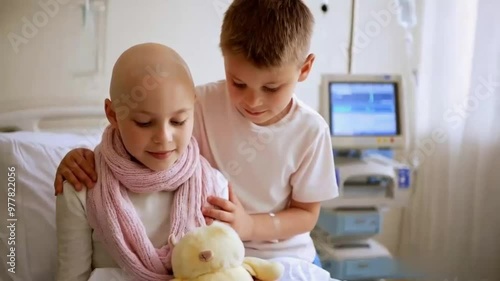 Bald boy smiling in cancer hospital bed,child with cancer, elderly patient, cancer patient, krebs kind, smiling cancer patient