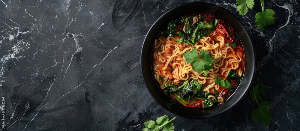 Chinese ramen noodles with spicy sauce blended with coriander leaves and spinach for a vegetarian dish. Copy space image. Place for adding text and design Chinese ramen noodles with spicy sauce blended with coriander leaves and spinach for a vegetarian dish. Copy space image. Place for adding text and design