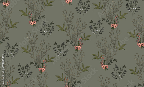A floral pattern with pink flowers and green leaves on a green background