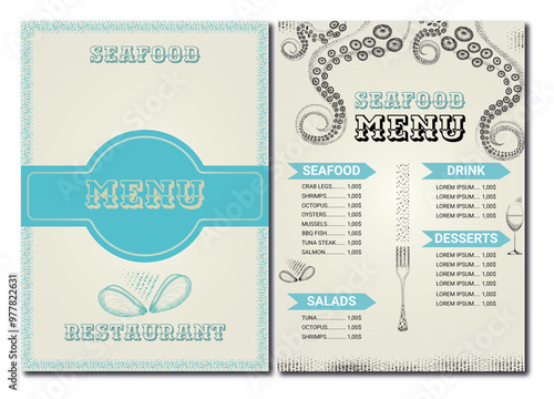Elegant Fish Menu Design with Seafood Icons and Text Layout Vector Illustration