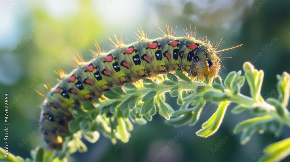 A green and red caterpillar with black spots crawls on a green stem. A green and red caterpillar with black spots crawls on a green stem.