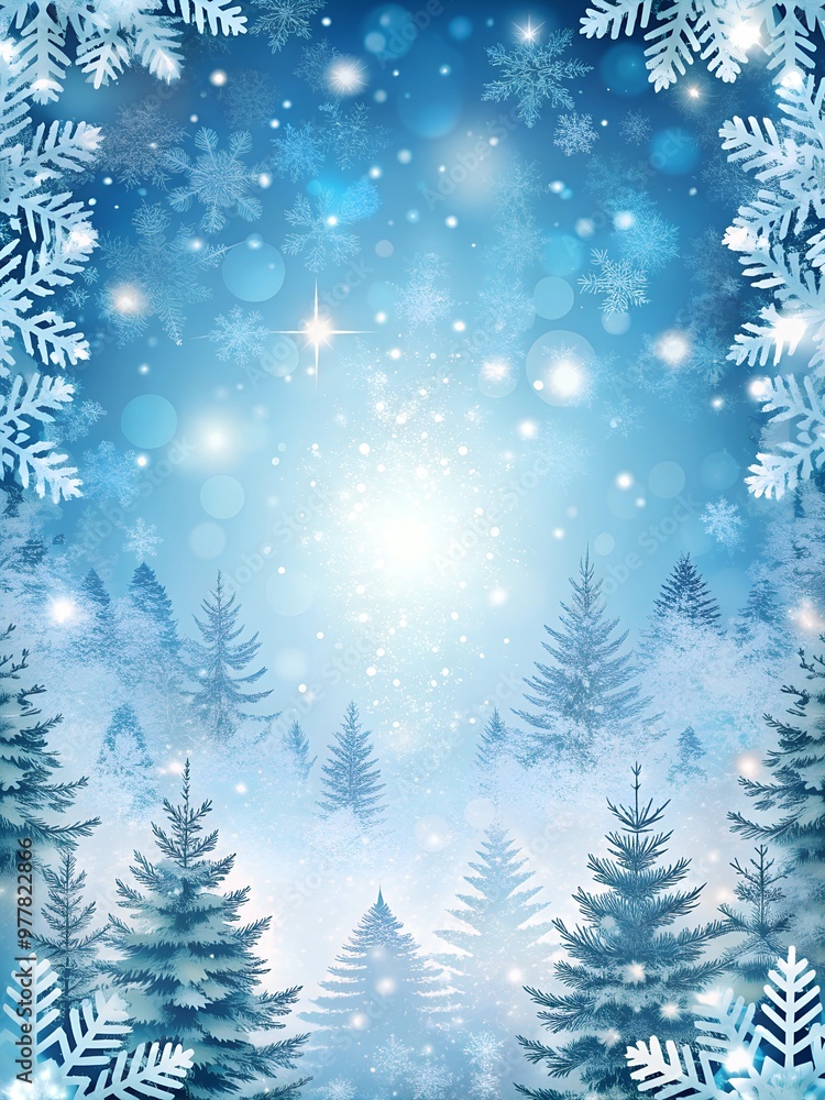 Winter background with white snowflakes and fir branches on a blue backdrop Winter background with white snowflakes and fir branches on a blue backdrop
