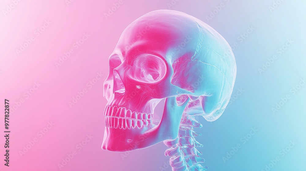 Side profile of a 3D human skull rendered in neon hues Side profile of a 3D human skull rendered in neon hues