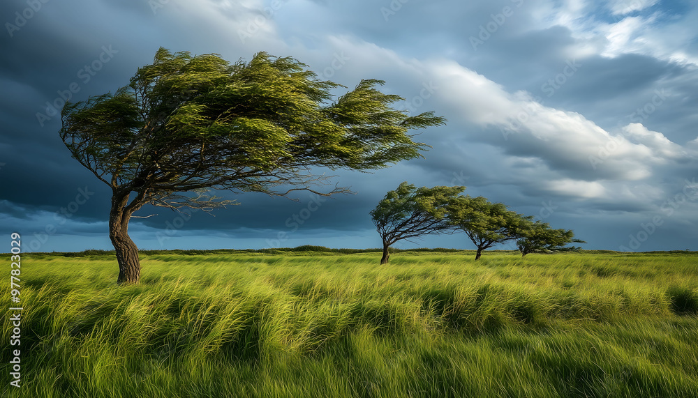 Wind blown trees in a vast grassy field Wind blown trees in a vast grassy field