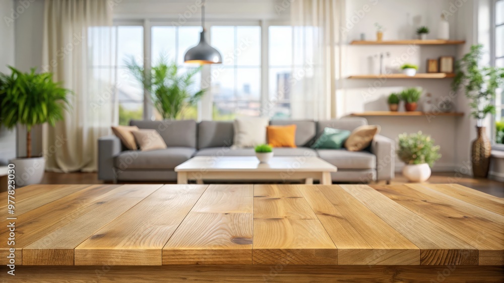 Empty wooden board table in living room interior for product display or montage Empty wooden board table in living room interior for product display or montage