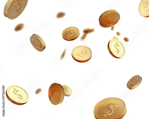  Falling dollar coins, falling money, flying gold coins, golden rain isolated on free png background.  Money success concept. Poster.