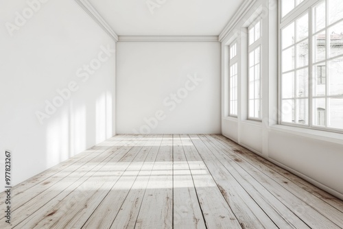 Minimalist Design: Spacious White Room with Hardwood Floor and Contemporary Interior