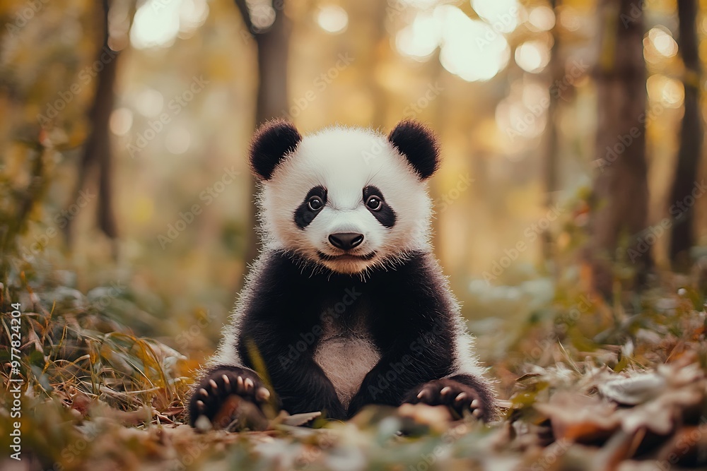 Obraz premium Adorable baby panda cub sitting in forest with cute expression. Wildlife photography for animal lovers, conservation, and nature