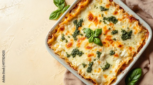 A milk-based white sauce lasagna with bubbling cheese, isolated on a warm cream background for a comforting, home-cooked vibe photo