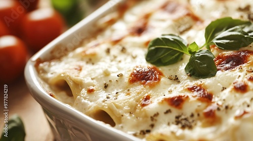 A milk-based white sauce lasagna with bubbling cheese, isolated on a warm cream background for a comforting, home-cooked vibe photo