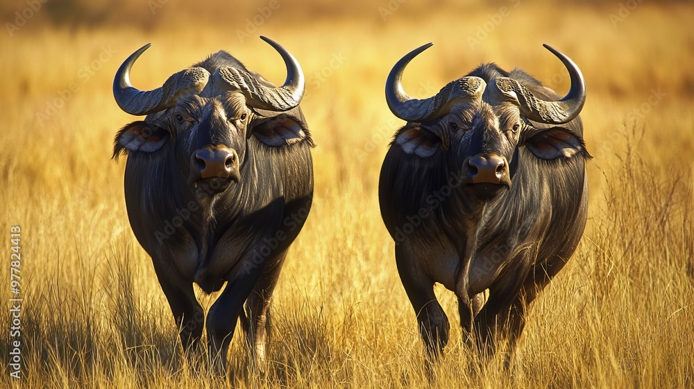 Two African buffalo, known by their scientific name Syncerus caffer, roam the vast Balule Plains in South Africa, a land brimming with the wonders of the African continent. 