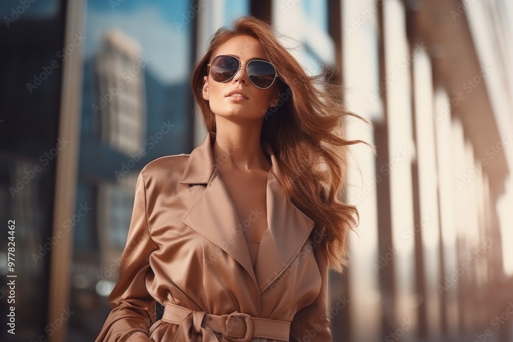 Obraz premium A confident woman wearing sunglasses and a trench coat poses elegantly on a city street, basking in the warm golden light of the evening, showcasing her fashion sense
