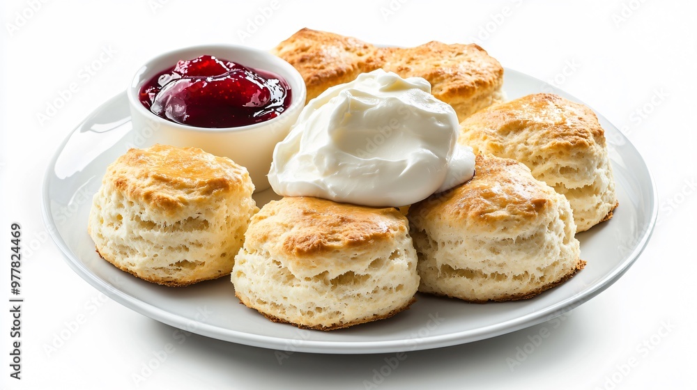 A plate of fluffy milk scones with jam and clotted cream, isolated on a matte white background for a classic, simple look A plate of fluffy milk scones with jam and clotted cream, isolated on a matte white background for a classic, simple look