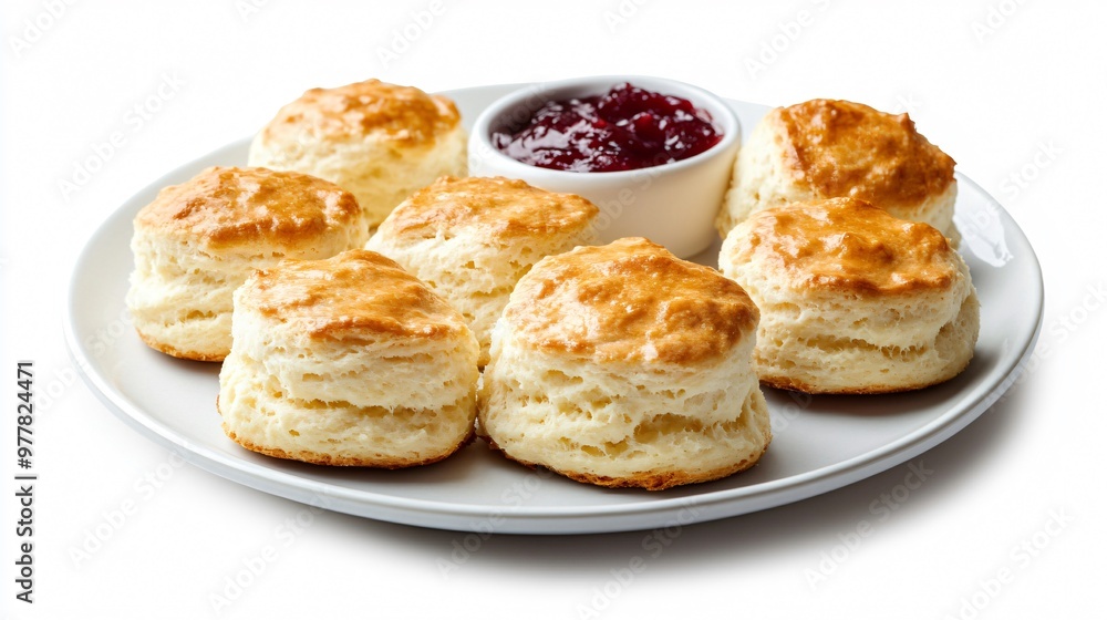 A plate of fluffy milk scones with jam and clotted cream, isolated on a matte white background for a classic, simple look A plate of fluffy milk scones with jam and clotted cream, isolated on a matte white background for a classic, simple look