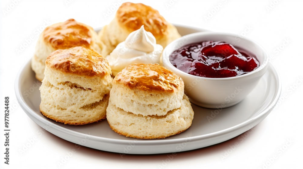 A plate of fluffy milk scones with jam and clotted cream, isolated on a matte white background for a classic, simple look A plate of fluffy milk scones with jam and clotted cream, isolated on a matte white background for a classic, simple look