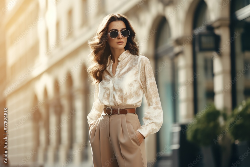 A confident woman wearing stylish sunglasses and a blouse stands on a sunlit city street, radiating elegance and fashion during the golden hour of the day A confident woman wearing stylish sunglasses and a blouse stands on a sunlit city street, radiating elegance and fashion during the golden hour of the day