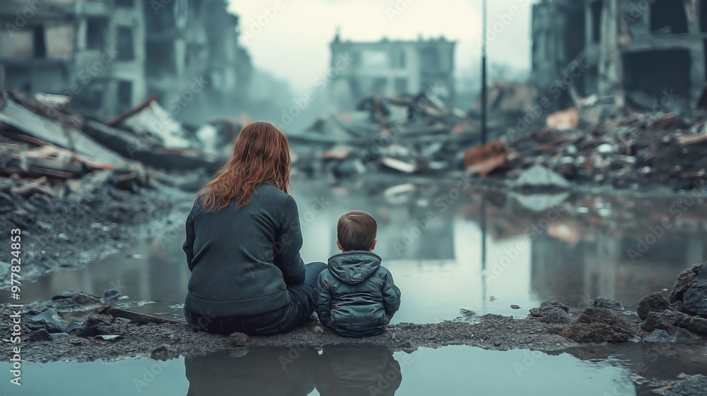 Back view of a mother and child sitting on the ground in front of rubble, surrounded by water, with destroyed buildings Back view of a mother and child sitting on the ground in front of rubble, surrounded by water, with destroyed buildings