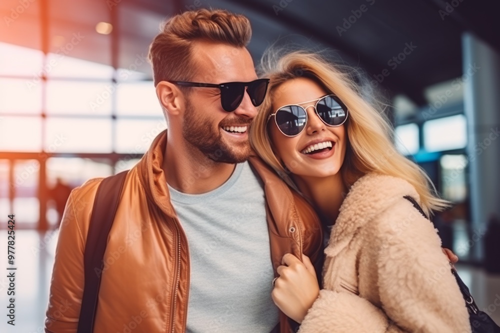 A cheerful young couple stands close at the airport, radiating happiness. They wear sunglasses, smiling broadly as they share this lively moment amidst modern architecture and bright daylight A cheerful young couple stands close at the airport, radiating happiness. They wear sunglasses, smiling broadly as they share this lively moment amidst modern architecture and bright daylight