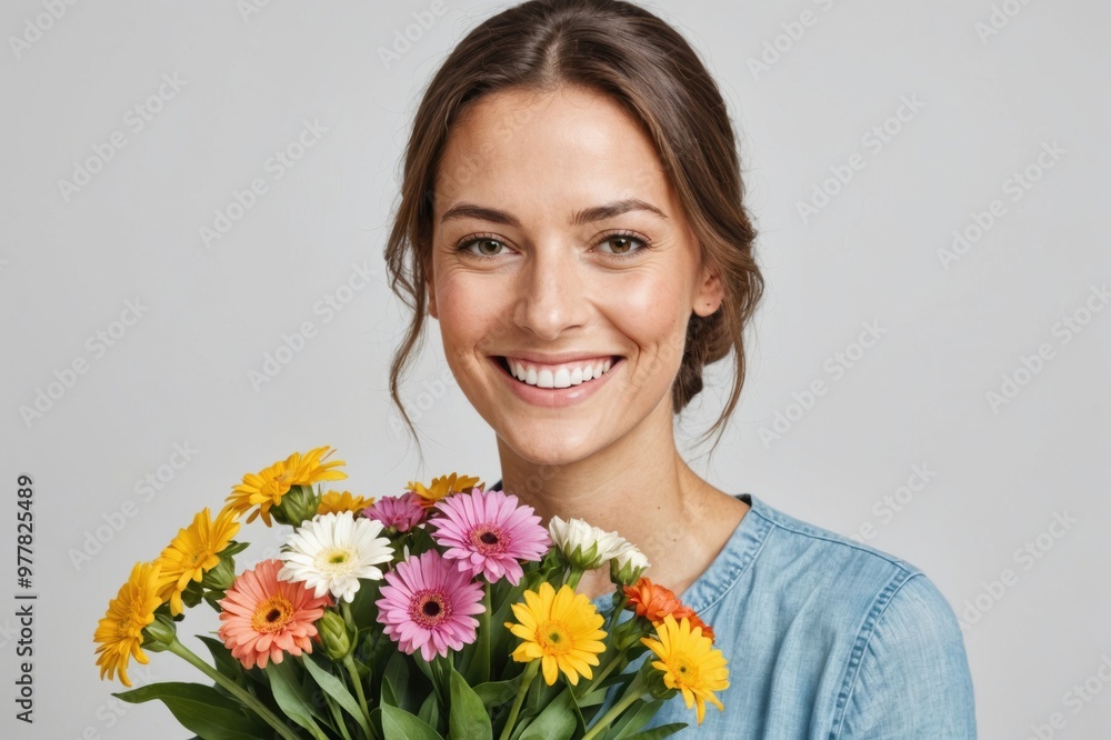 Portrait of happy Woman with flowers against white background Portrait of happy Woman with flowers against white background