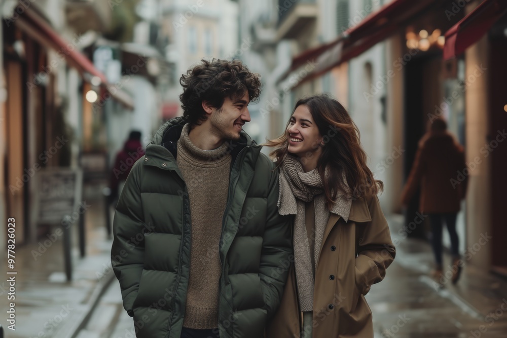 A couple walks hand in hand through a picturesque street lined with shops and cafes, sharing smiles and laughter on a chilly autumn day A couple walks hand in hand through a picturesque street lined with shops and cafes, sharing smiles and laughter on a chilly autumn day