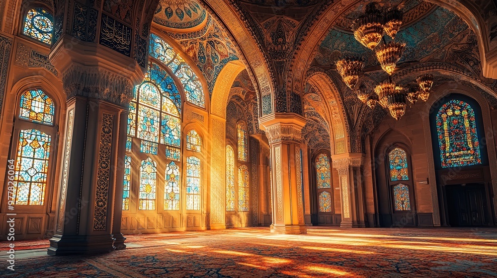Fototapeta premium A grand interior with intricate stained glass windows and ornate chandeliers.