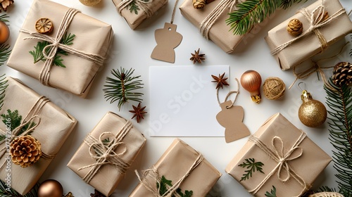 Wrapped gifts and Christmas ornaments arranged around a blank white card. Flat lay composition with copy space for Christmas banners, invitations, greeting cards, posters