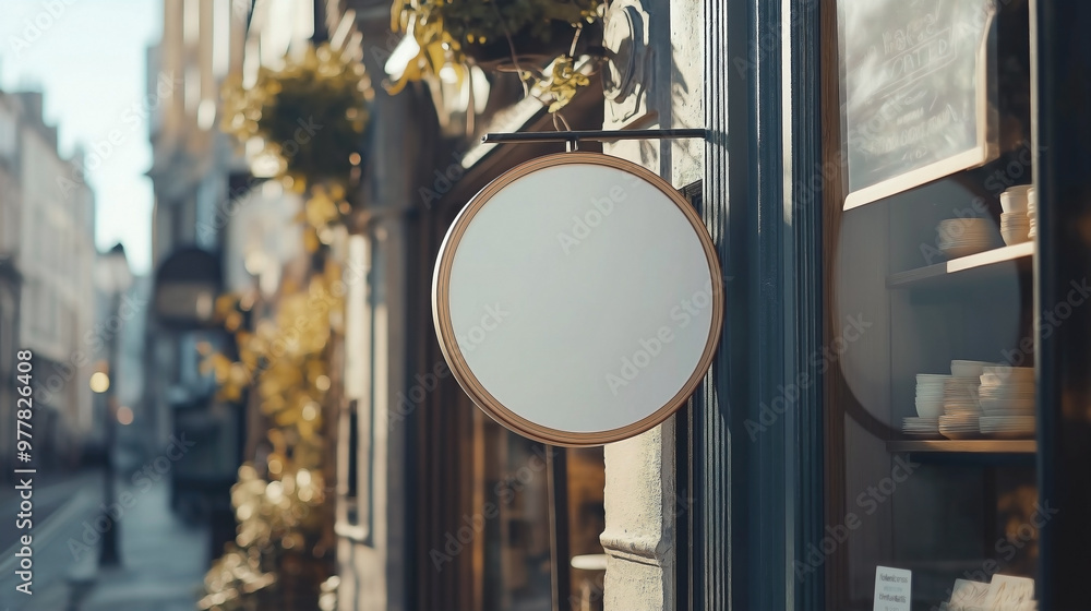 Coffee shop street blank circular signboard mockup for logo design and brand presentation ,Mock up Coffee shop street blank circular signboard mockup for logo design and brand presentation ,Mock up