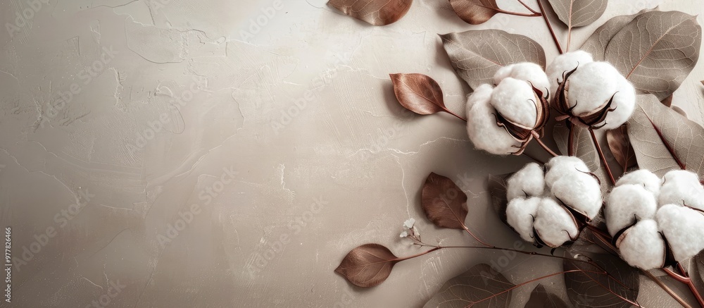 Natural cotton on the table accompanied by leaves Background for your advertising item. Copy space image. Place for adding text and design Natural cotton on the table accompanied by leaves Background for your advertising item. Copy space image. Place for adding text and design