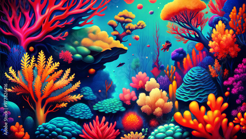 Vibrant underwater coral reef illustration with abstract colors and marine life