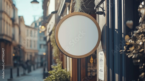 Coffee shop street blank circular signboard mockup for logo design and brand presentation ,Mock up