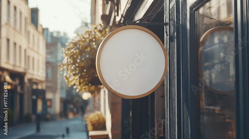 Coffee shop street blank circular signboard mockup for logo design and brand presentation ,Mock up