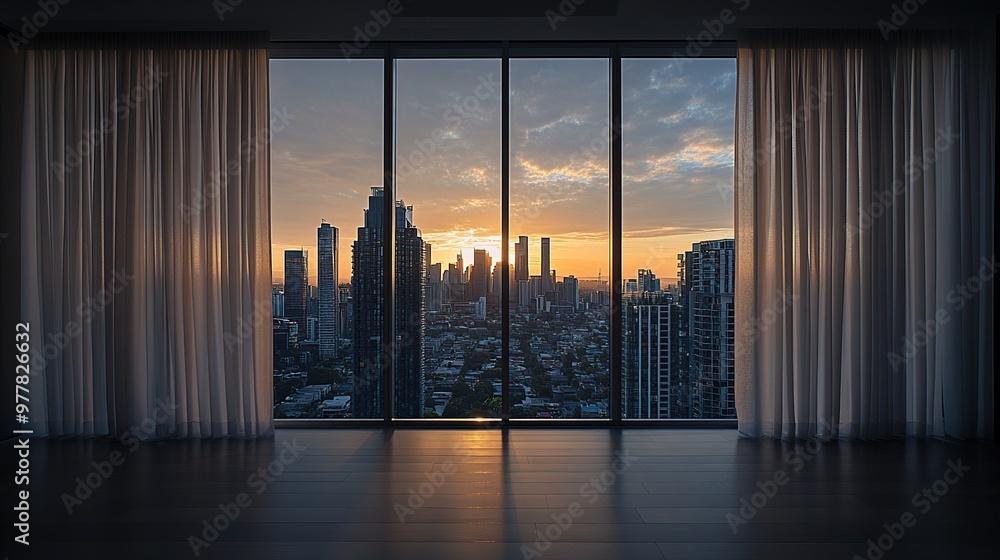 Fototapeta premium A modern interior with large windows showcasing a city skyline at sunset.