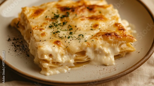 A serving of milk-based béchamel sauce over lasagna, isolated on a muted beige background for a warm, comforting aesthetic