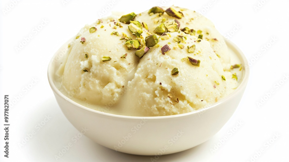 A serving of milk-based kulfi with pistachios, isolated on a clean white background to emphasize the vibrant colors of the dessert A serving of milk-based kulfi with pistachios, isolated on a clean white background to emphasize the vibrant colors of the dessert