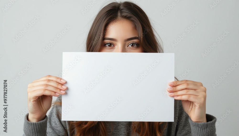 Young Woman Holding Blank White Sign board, Mockup Template, text copy space Young Woman Holding Blank White Sign board, Mockup Template, text copy space