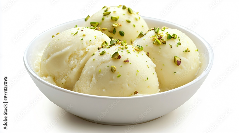 A serving of milk-based kulfi with pistachios, isolated on a clean white background to emphasize the vibrant colors of the dessert A serving of milk-based kulfi with pistachios, isolated on a clean white background to emphasize the vibrant colors of the dessert