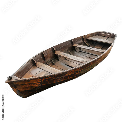 Old wooden rowing boat with worn out brown paint isolated on white background