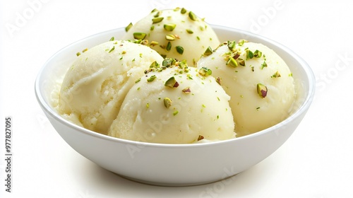 A serving of milk-based kulfi with pistachios, isolated on a clean white background to emphasize the vibrant colors of the dessert