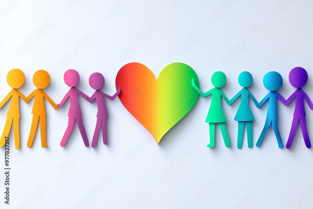 A row of rainbow colored figures holding hands with a central heart symbolizing LGBTQ+ pride inclusivity and diversity in a compassionate connected community A row of rainbow colored figures holding hands with a central heart symbolizing LGBTQ+ pride inclusivity and diversity in a compassionate connected community